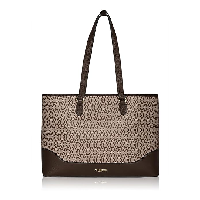 Accessorize London Women's Brown Zoya Monogram Tote Bag for Women Fits Upto 14 Inch Laptop | Tote Laptop Bag for Work | Ladies purse | Stylish Shoulder Bag | Gift For Women